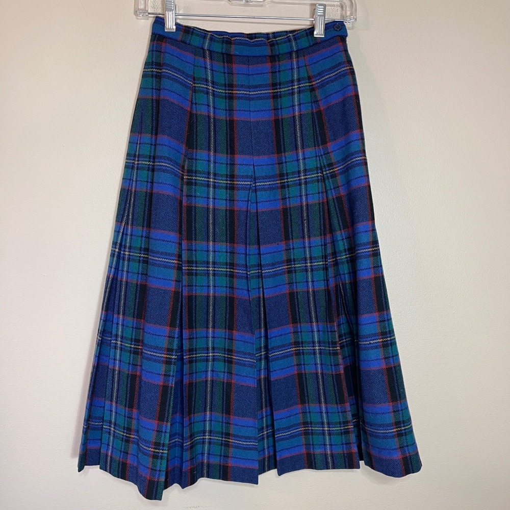 Pitlochry Scotland Vintage Wool Tartan Plaid Pleated Midi Skirt Blue Green Sz 10